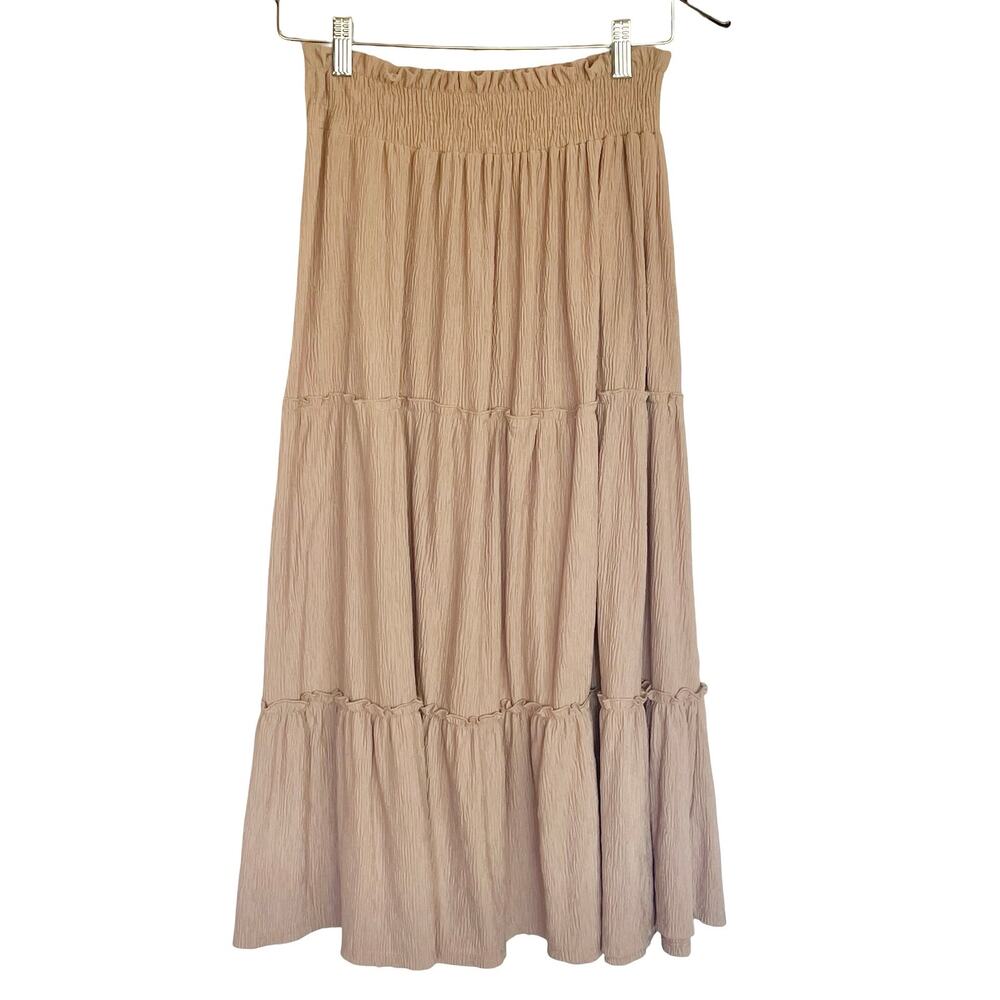 Lush Taupe Boho Tiered‎ Midi Skirt Size L Smocked Elastic Waist Peasant Festival